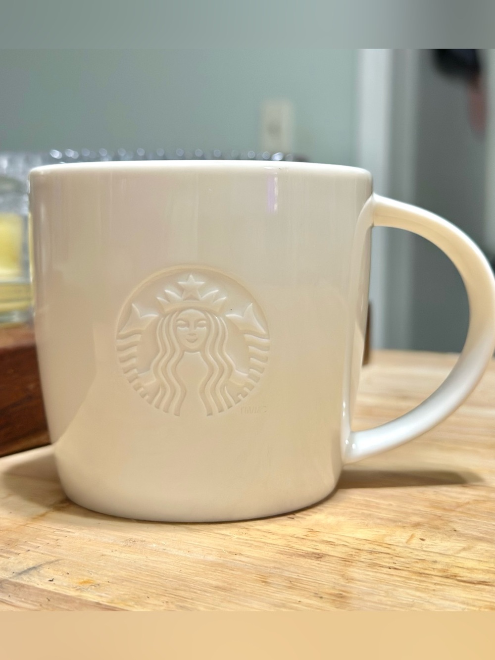 2010 Starbucks White Debossed T 12oz Siren Logo Mug